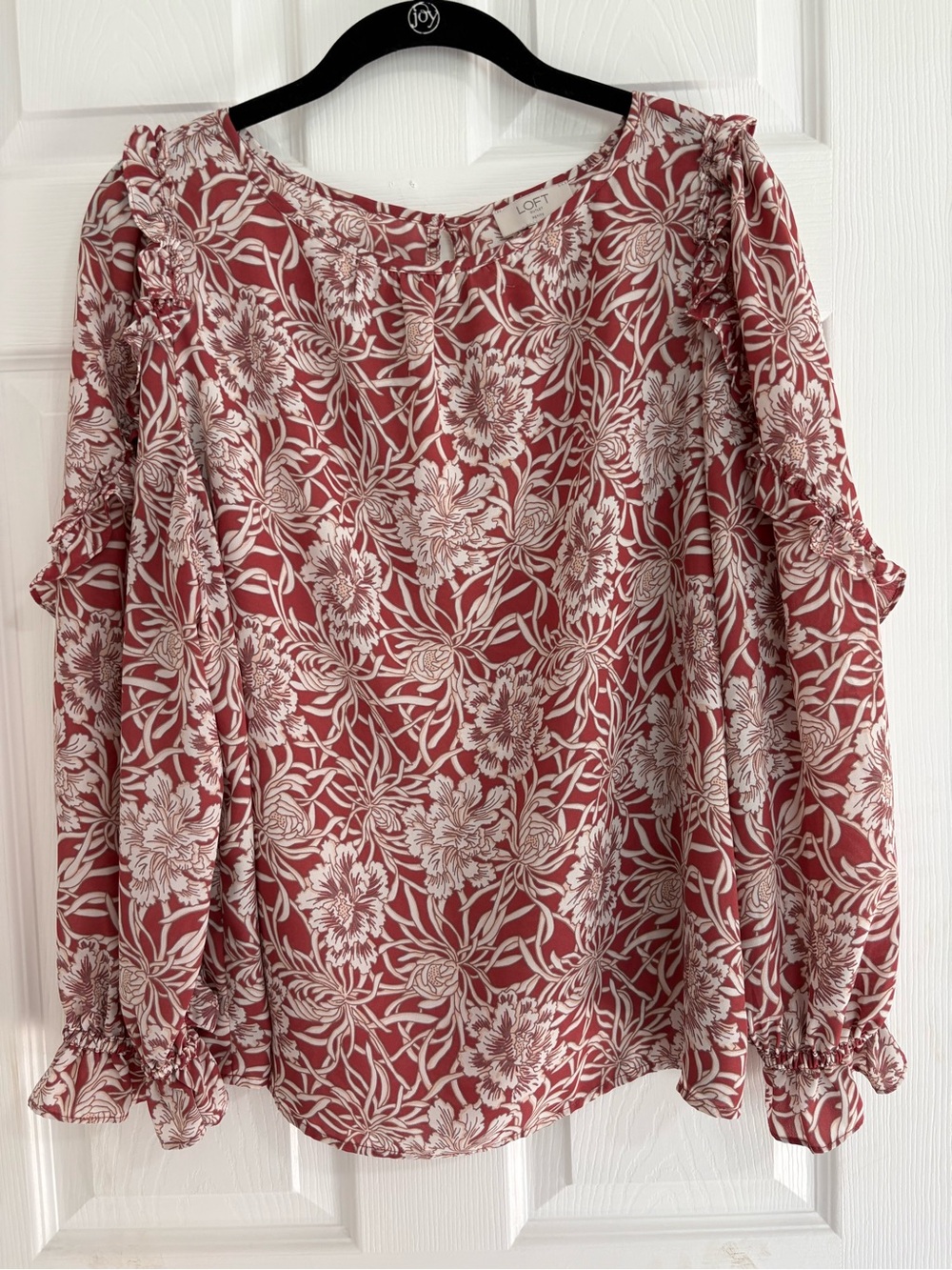 LOFT Rust Floral Long Sleeve Blouse with Cream Print